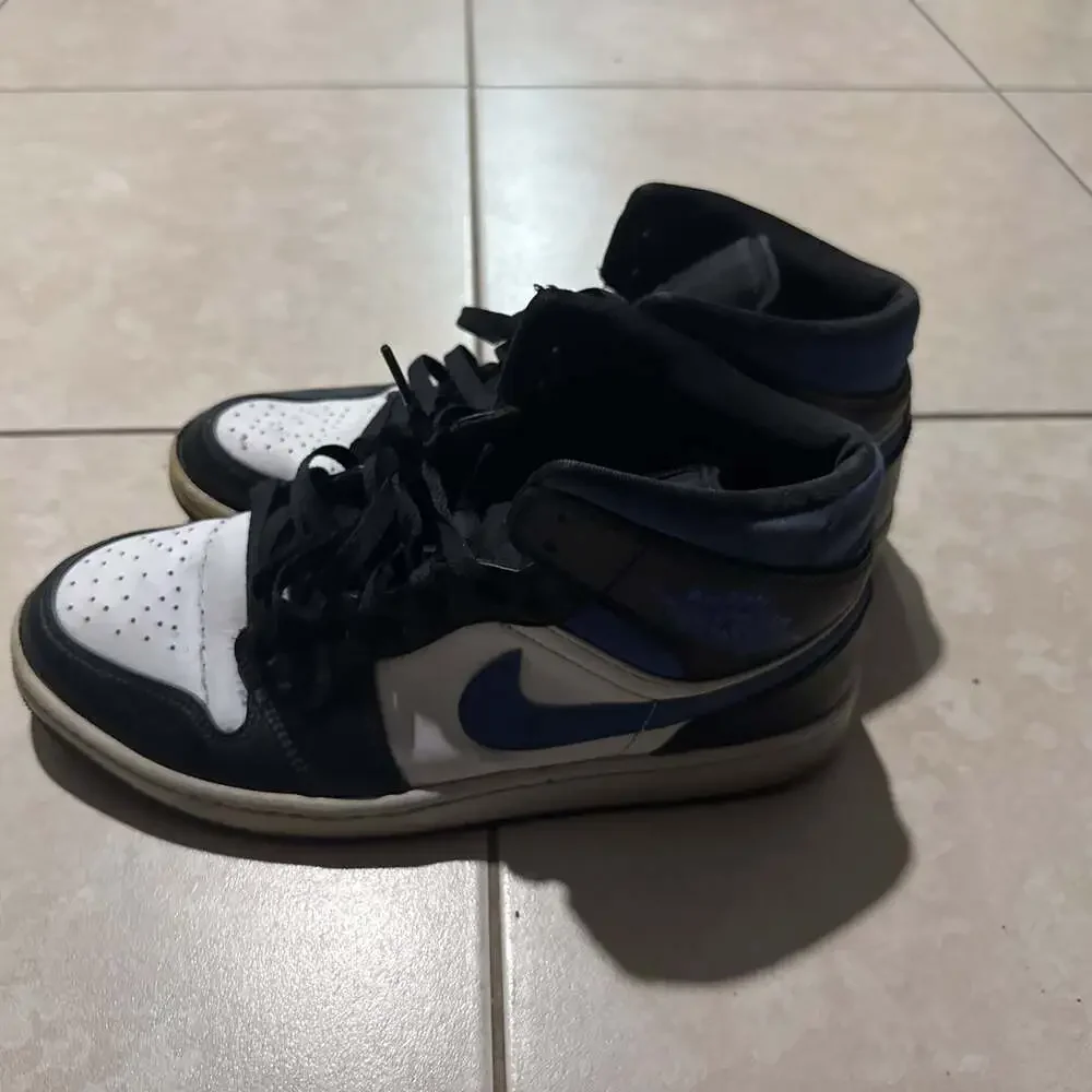 Air Jordan 1 Mid - Black and Dark Powder Blue Sneakers, Men's Size 10